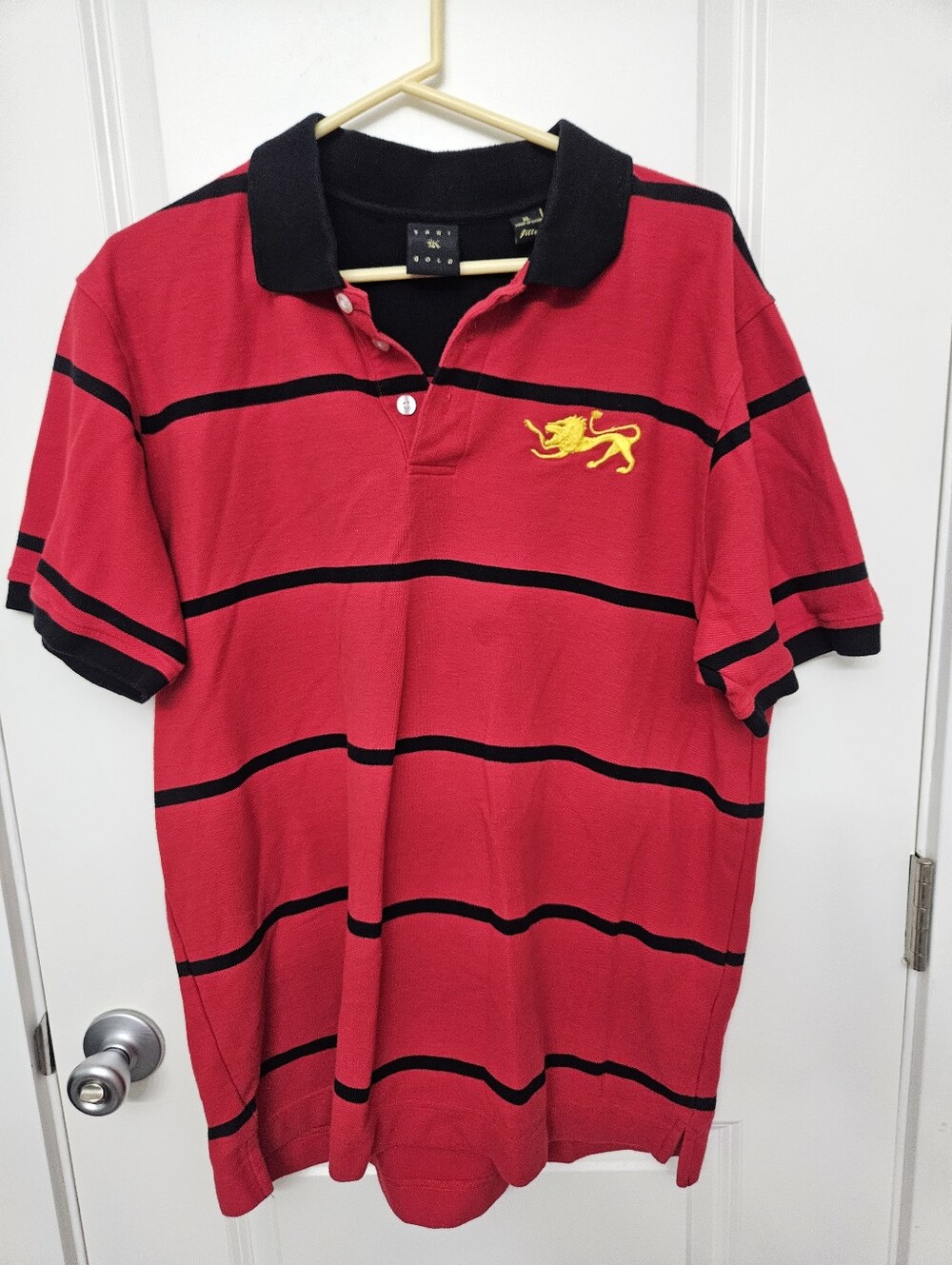 Kani Gold Red and Black Striped Polo Shirt with Embroidered Lion Xl